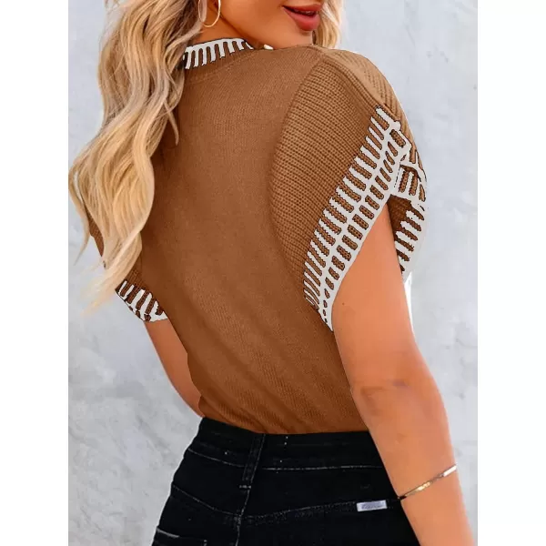 imageSaodimallsu Womens Short Sleeve Sweaters Tops Summer Ruffle Striped Loose Crew Neck Lightweight Soft Shirts Knit SweaterLight Khaki