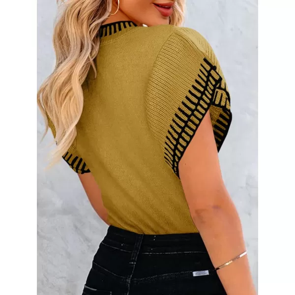 imageSaodimallsu Womens Short Sleeve Sweaters Tops Summer Ruffle Striped Loose Crew Neck Lightweight Soft Shirts Knit SweaterMustard