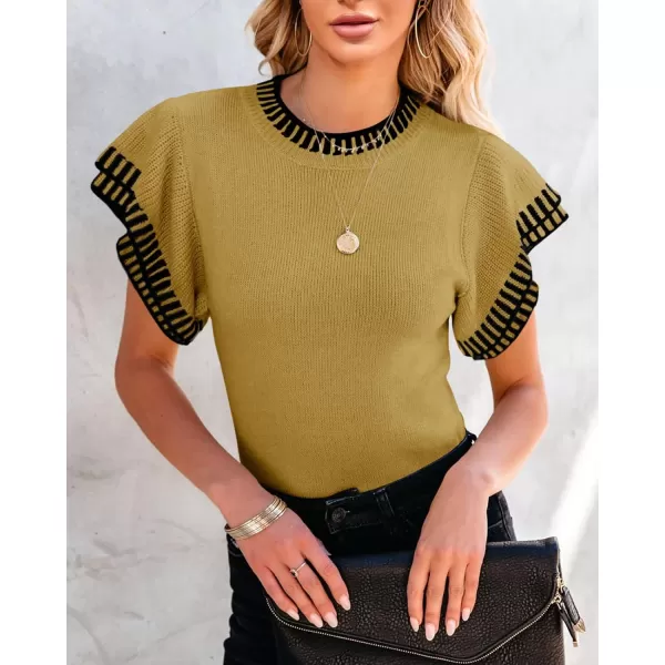 imageSaodimallsu Womens Short Sleeve Sweaters Tops Summer Ruffle Striped Loose Crew Neck Lightweight Soft Shirts Knit SweaterMustard