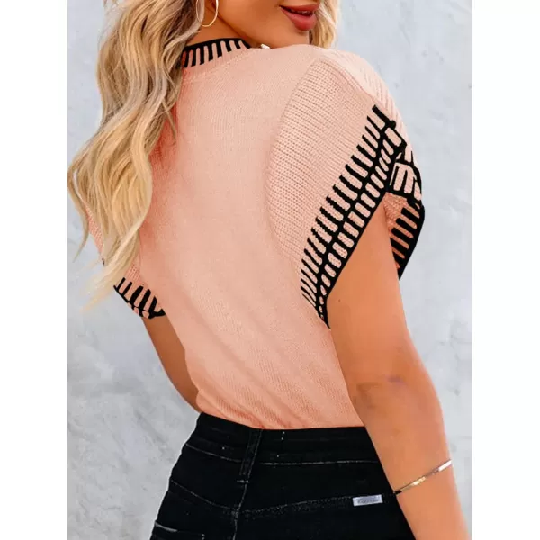 imageSaodimallsu Womens Short Sleeve Sweaters Tops Summer Ruffle Striped Loose Crew Neck Lightweight Soft Shirts Knit SweaterPink