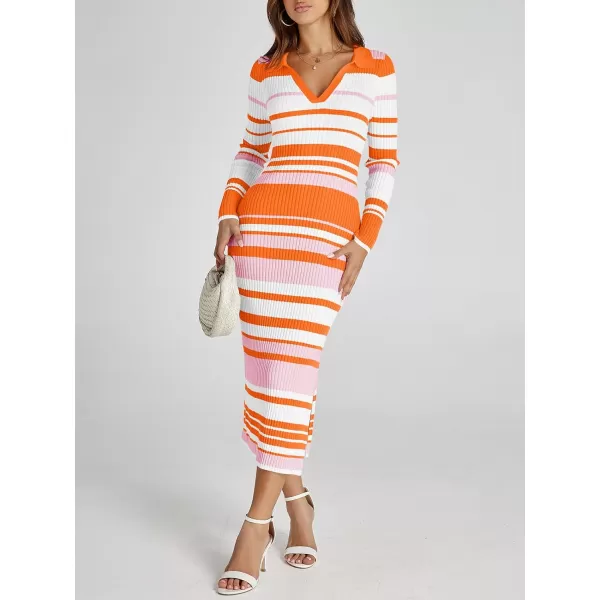 imageSaodimallsu Womens Striped Sweater Dress V Neck Collared Slim Fit Fall Knit Trendy Sexy Bodycon Slit Midi DressesOrange