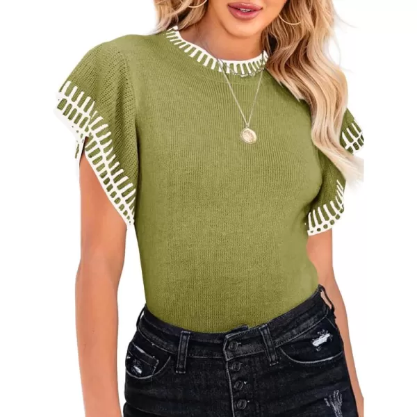 imageSaodimallsu Womens Short Sleeve Sweaters Tops Summer Ruffle Striped Loose Crew Neck Lightweight Soft Shirts Knit SweaterArmy Green