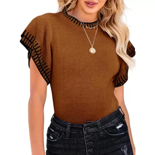 imageSaodimallsu Womens Short Sleeve Sweaters Tops Summer Ruffle Striped Loose Crew Neck Lightweight Soft Shirts Knit SweaterBrown