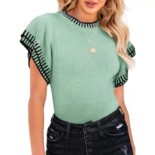 imageSaodimallsu Womens Short Sleeve Sweaters Tops Summer Ruffle Striped Loose Crew Neck Lightweight Soft Shirts Knit SweaterGreen