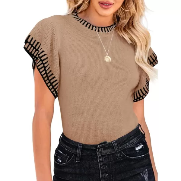 imageSaodimallsu Womens Short Sleeve Sweaters Tops Summer Ruffle Striped Loose Crew Neck Lightweight Soft Shirts Knit SweaterKhaki