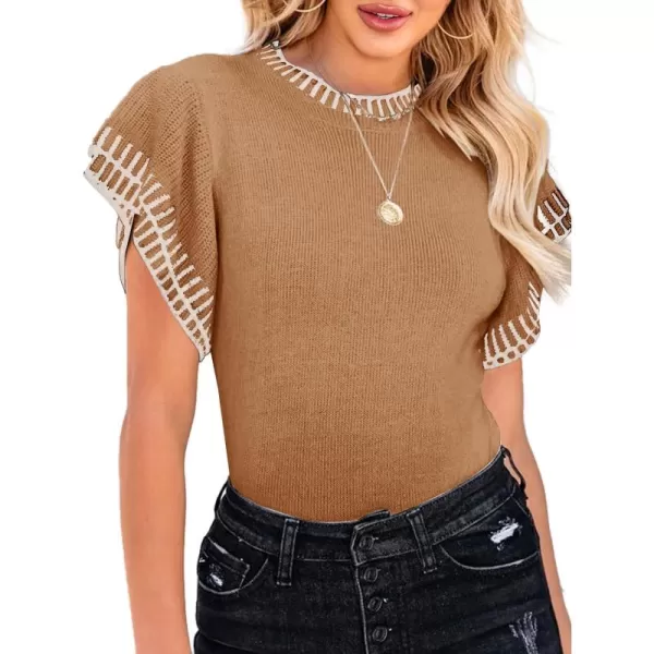 imageSaodimallsu Womens Short Sleeve Sweaters Tops Summer Ruffle Striped Loose Crew Neck Lightweight Soft Shirts Knit SweaterLight Khaki