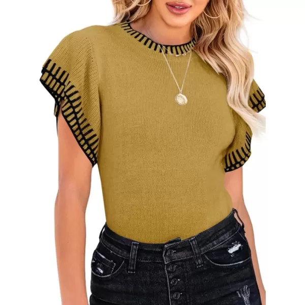 imageSaodimallsu Womens Short Sleeve Sweaters Tops Summer Ruffle Striped Loose Crew Neck Lightweight Soft Shirts Knit SweaterMustard