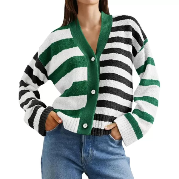 imageSaodimallsu Womens Striped Cardigan Sweaters V Neck Open Front Button Up Color Block Fuzzy Loose Knit CoatsDark Green