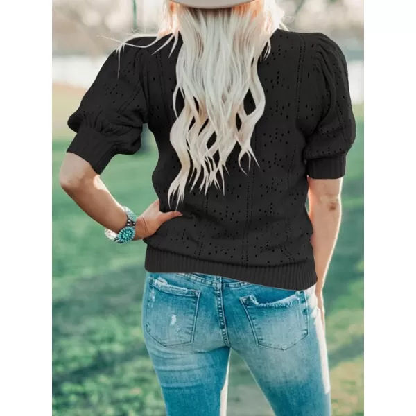 imageSaodimallsu Womens Cute Short Puff Sleeve Sweaters Loose Crew Neck Lightweight Pointelle Knit Pullover Shirts TopsZ1 Black