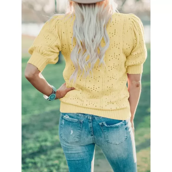 imageSaodimallsu Womens Cute Short Puff Sleeve Sweaters Loose Crew Neck Lightweight Pointelle Knit Pullover Shirts TopsZ1 Yellow