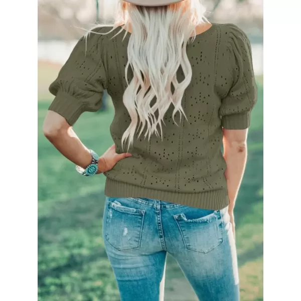 imageSaodimallsu Womens Cute Short Puff Sleeve Sweaters Loose Crew Neck Lightweight Pointelle Knit Pullover Shirts TopsZ3 Army Green