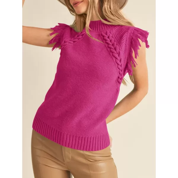 imageSaodimallsu Womens Sleeveless Sweater Vest Mock Neck Cable Knit Fringe Cap Sleeve Boho Trendy Pullover Tank TopsBright Pink