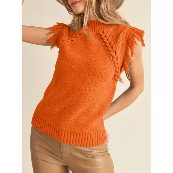 imageSaodimallsu Womens Sleeveless Sweater Vest Mock Neck Cable Knit Fringe Cap Sleeve Boho Trendy Pullover Tank TopsOrange