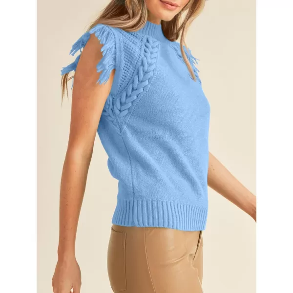 imageSaodimallsu Womens Sleeveless Sweater Vest Mock Neck Cable Knit Fringe Cap Sleeve Boho Trendy Pullover Tank TopsSky Blue