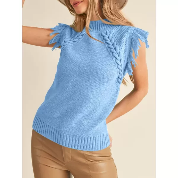 imageSaodimallsu Womens Sleeveless Sweater Vest Mock Neck Cable Knit Fringe Cap Sleeve Boho Trendy Pullover Tank TopsSky Blue