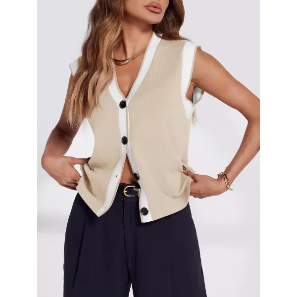 imageSaodimallsu Womens V Neck Sweater Vest Button Down Cap Sleeve Summer Trendy Color Block Loose Knit Tank TopsBeige