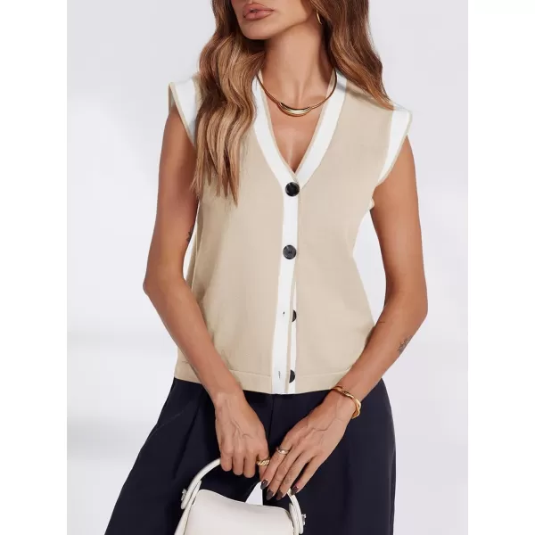 imageSaodimallsu Womens V Neck Sweater Vest Button Down Cap Sleeve Summer Trendy Color Block Loose Knit Tank TopsBeige