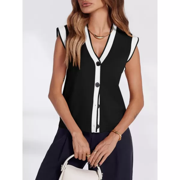 imageSaodimallsu Womens V Neck Sweater Vest Button Down Cap Sleeve Summer Trendy Color Block Loose Knit Tank TopsBlack