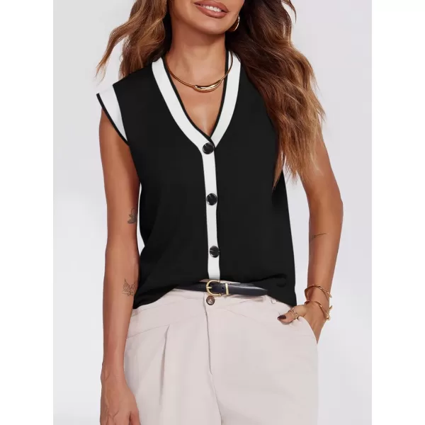 imageSaodimallsu Womens V Neck Sweater Vest Button Down Cap Sleeve Summer Trendy Color Block Loose Knit Tank TopsBlack