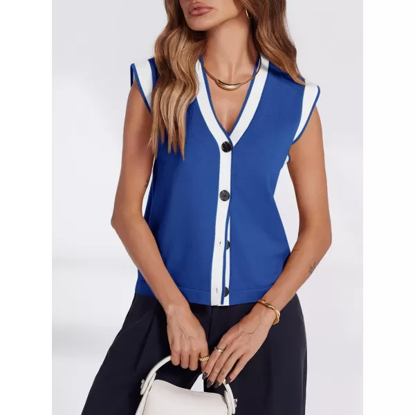 imageSaodimallsu Womens V Neck Sweater Vest Button Down Cap Sleeve Summer Trendy Color Block Loose Knit Tank TopsBlue