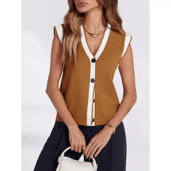 imageSaodimallsu Womens V Neck Sweater Vest Button Down Cap Sleeve Summer Trendy Color Block Loose Knit Tank TopsBrown