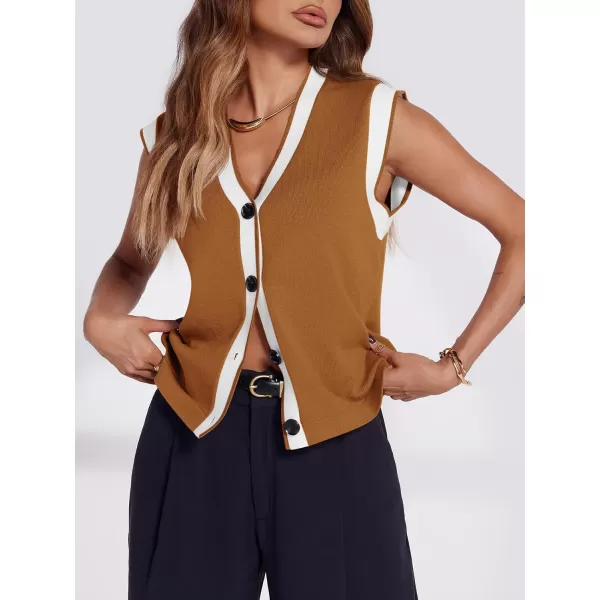 imageSaodimallsu Womens V Neck Sweater Vest Button Down Cap Sleeve Summer Trendy Color Block Loose Knit Tank TopsBrown