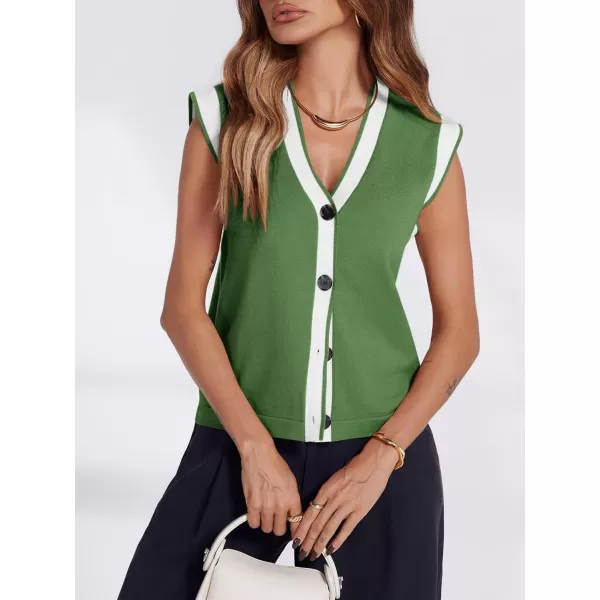 imageSaodimallsu Womens V Neck Sweater Vest Button Down Cap Sleeve Summer Trendy Color Block Loose Knit Tank TopsGreen