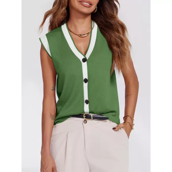 imageSaodimallsu Womens V Neck Sweater Vest Button Down Cap Sleeve Summer Trendy Color Block Loose Knit Tank TopsGreen