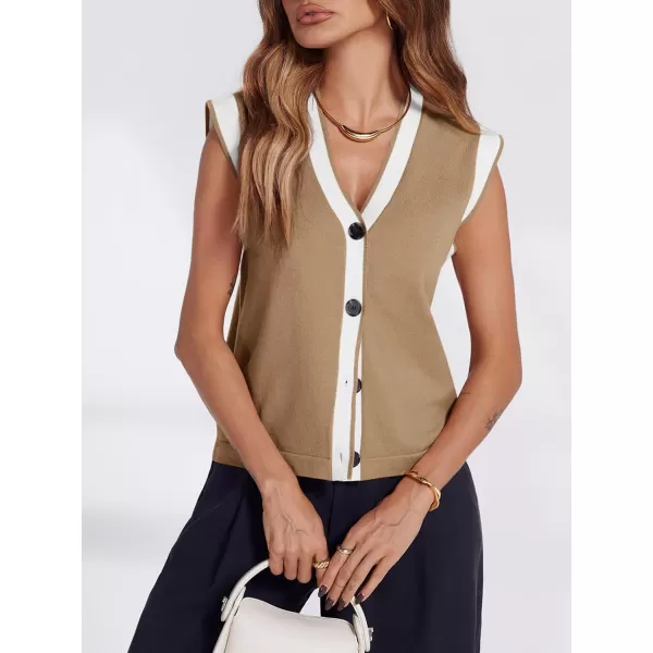 imageSaodimallsu Womens V Neck Sweater Vest Button Down Cap Sleeve Summer Trendy Color Block Loose Knit Tank TopsKhaki