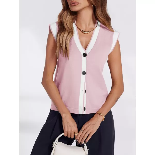 imageSaodimallsu Womens V Neck Sweater Vest Button Down Cap Sleeve Summer Trendy Color Block Loose Knit Tank TopsPink