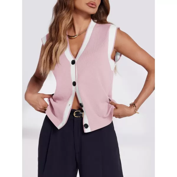 imageSaodimallsu Womens V Neck Sweater Vest Button Down Cap Sleeve Summer Trendy Color Block Loose Knit Tank TopsPink