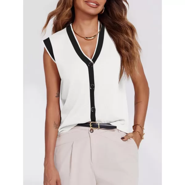 imageSaodimallsu Womens V Neck Sweater Vest Button Down Cap Sleeve Summer Trendy Color Block Loose Knit Tank TopsWhite