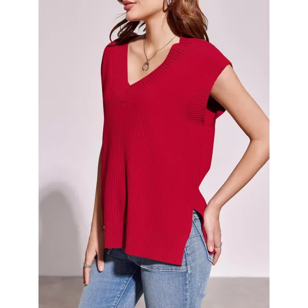 imageSaodimallsu Womens V Neck Sweater Vest Oversized Ribbed Knit Sleeveless Casual Loose Fit Pullover Tank TopRed