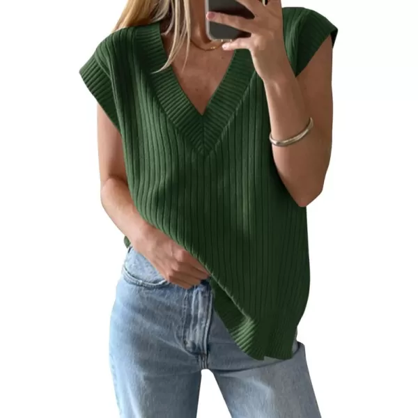 imageSaodimallsu Womens V Neck Sweater Vest Oversized Ribbed Knit Sleeveless Casual Loose Fit Pullover Tank TopArmy Green