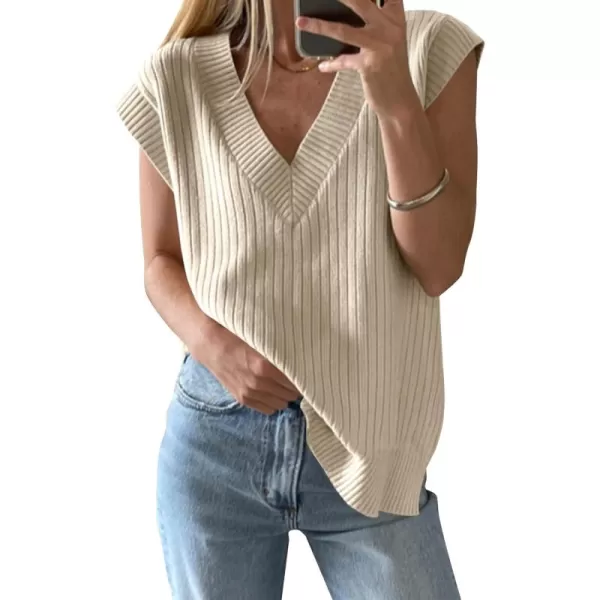 imageSaodimallsu Womens V Neck Sweater Vest Oversized Ribbed Knit Sleeveless Casual Loose Fit Pullover Tank TopBeige