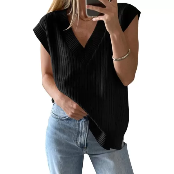 imageSaodimallsu Womens V Neck Sweater Vest Oversized Ribbed Knit Sleeveless Casual Loose Fit Pullover Tank TopBlack