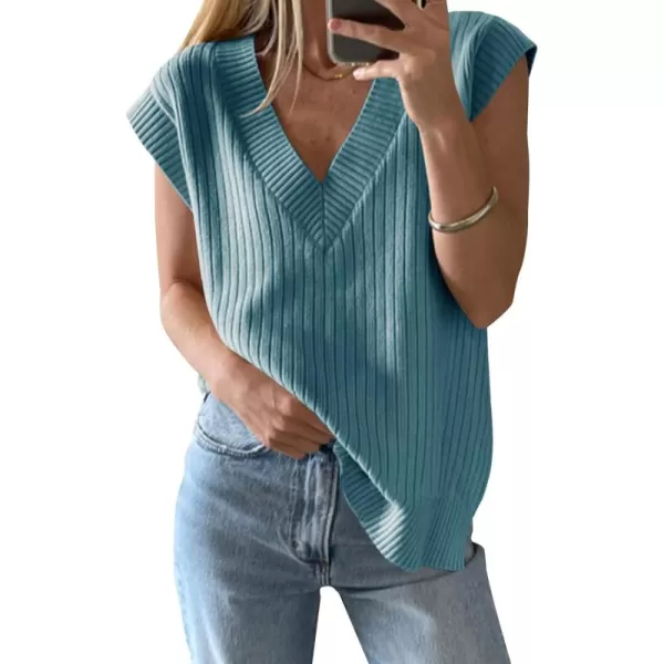 imageSaodimallsu Womens V Neck Sweater Vest Oversized Ribbed Knit Sleeveless Casual Loose Fit Pullover Tank TopBlue