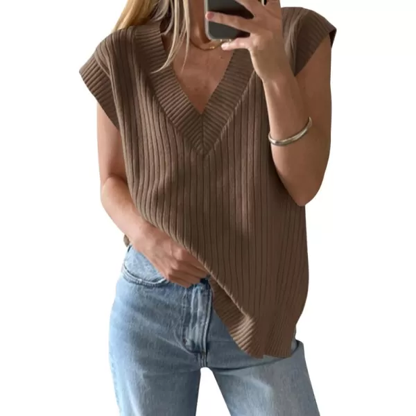 imageSaodimallsu Womens V Neck Sweater Vest Oversized Ribbed Knit Sleeveless Casual Loose Fit Pullover Tank TopCoffee