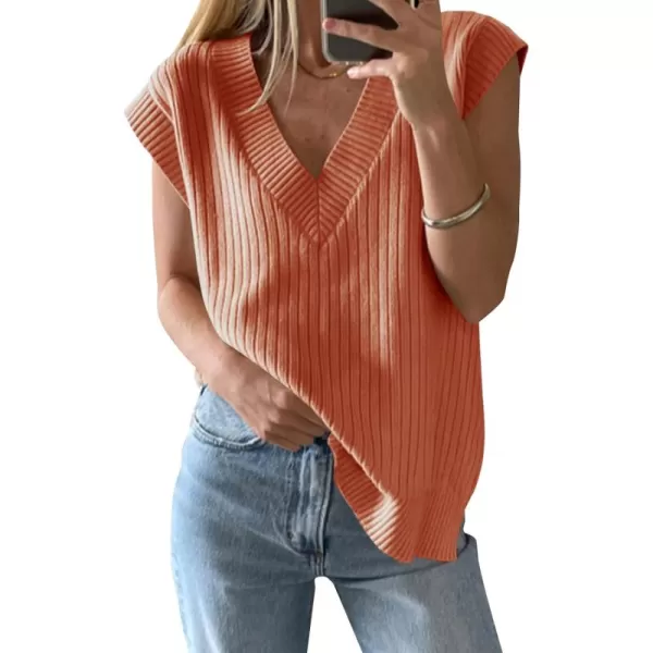 imageSaodimallsu Womens V Neck Sweater Vest Oversized Ribbed Knit Sleeveless Casual Loose Fit Pullover Tank TopCoral Powder