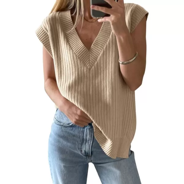 imageSaodimallsu Womens V Neck Sweater Vest Oversized Ribbed Knit Sleeveless Casual Loose Fit Pullover Tank TopKhaki