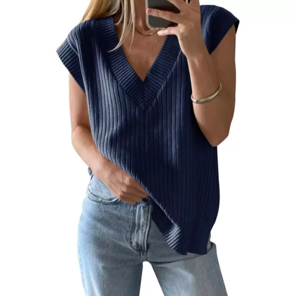 imageSaodimallsu Womens V Neck Sweater Vest Oversized Ribbed Knit Sleeveless Casual Loose Fit Pullover Tank TopNavy