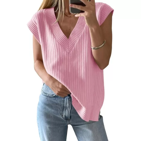 imageSaodimallsu Womens V Neck Sweater Vest Oversized Ribbed Knit Sleeveless Casual Loose Fit Pullover Tank TopPink