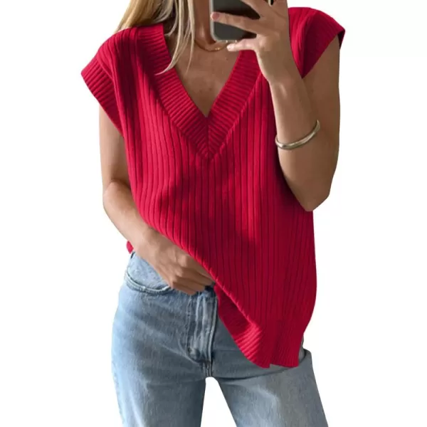 imageSaodimallsu Womens V Neck Sweater Vest Oversized Ribbed Knit Sleeveless Casual Loose Fit Pullover Tank TopRed