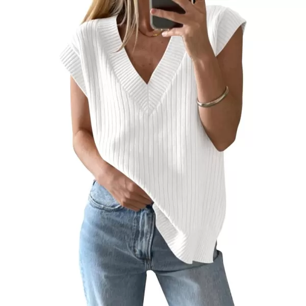 imageSaodimallsu Womens V Neck Sweater Vest Oversized Ribbed Knit Sleeveless Casual Loose Fit Pullover Tank TopWhite