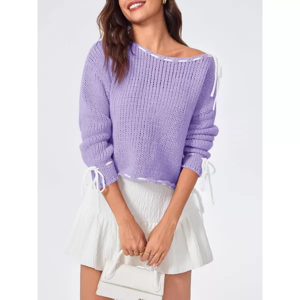 imageSaodimallsu Womens Bow Sweater Boat Neck Long Sleeve Y2k Cute Lace Up Loose Pullover TopsPurple