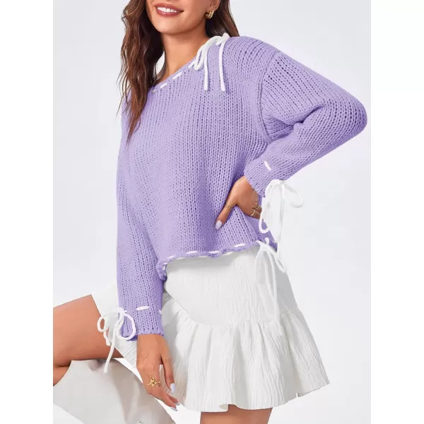 imageSaodimallsu Womens Bow Sweater Boat Neck Long Sleeve Y2k Cute Lace Up Loose Pullover TopsPurple