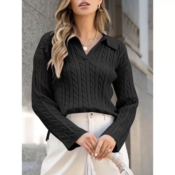 imageSaodimallsu Womens Cable Knit V Neck Sweater Fall Trendy Collared Long Sleeve Slouchy Loose Pullover Sweaters TopsBlack