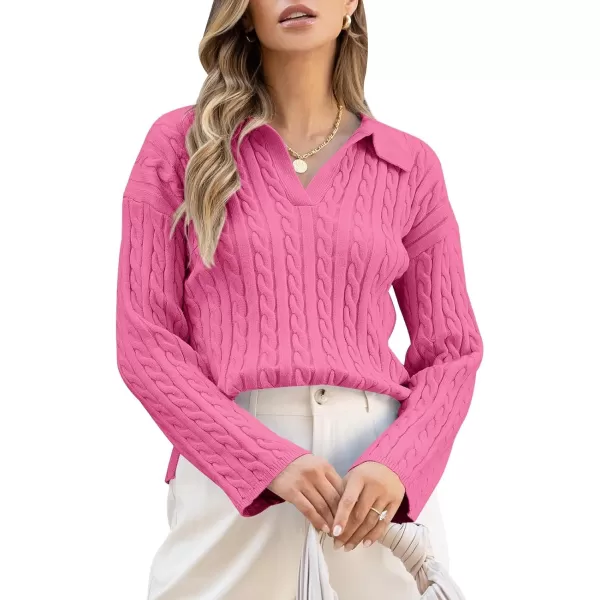 imageSaodimallsu Womens Cable Knit V Neck Sweater Fall Trendy Collared Long Sleeve Slouchy Loose Pullover Sweaters TopsHot Pink