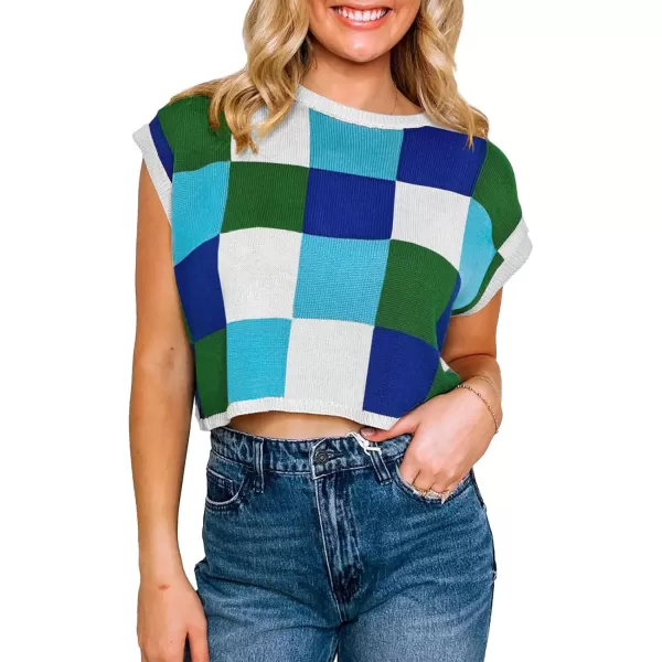 imageSaodimallsu Womens Cap Sleeve Crop Tops Summer Color Block Going Out Crew Neck Knit Trendy Casual SweaterGreen