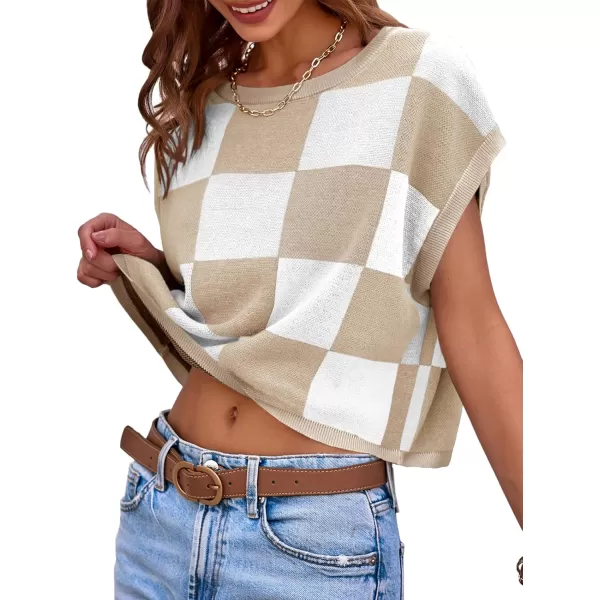 imageSaodimallsu Womens Cap Sleeve Crop Tops Summer Color Block Going Out Crew Neck Knit Trendy Casual SweaterKhaki1